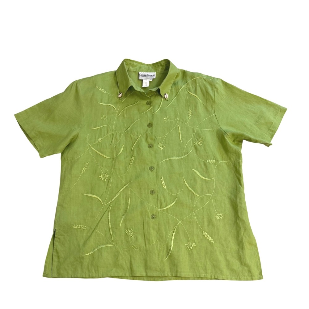 Passion Francais Vtg Lime Green 100% Linen Embroidered Button Down Shirt Sz 20 - Picture 7 of 8